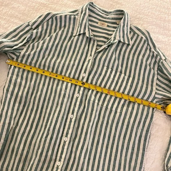 Faherty Laguna Linen relaxed blouse green white stripe L - Picture 5 of 11